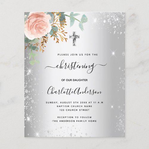 Christening blush floral silver sparkle invitation flyer