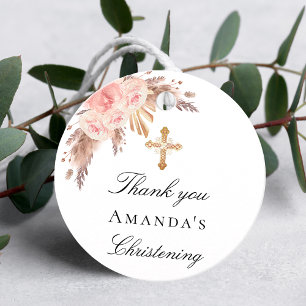 Christening blush pampas grass cross thank you favor tags