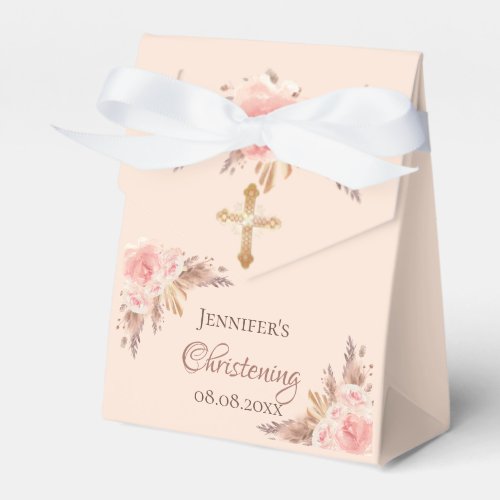 Christening blush pink floral pampas grass rose favor boxes