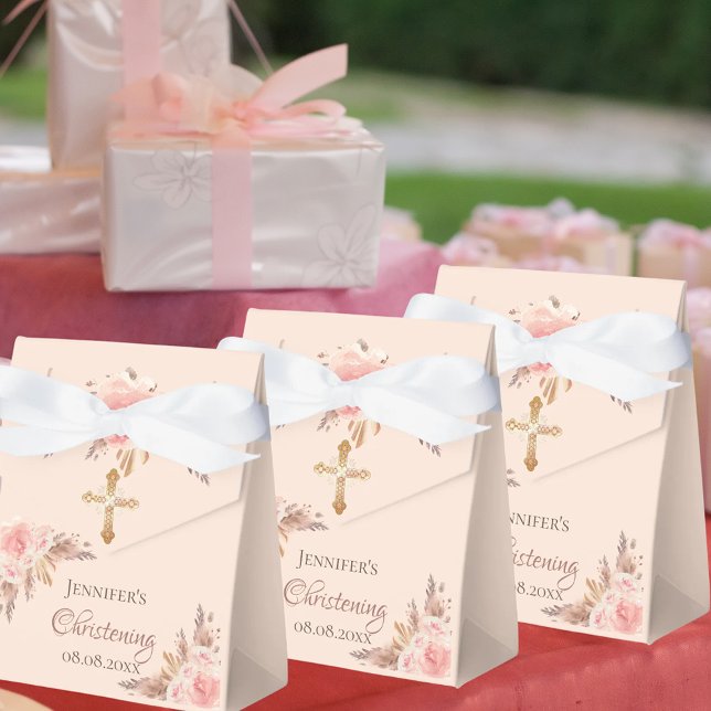 Christening blush pink floral pampas grass rose favor boxes (Creator Uploaded)