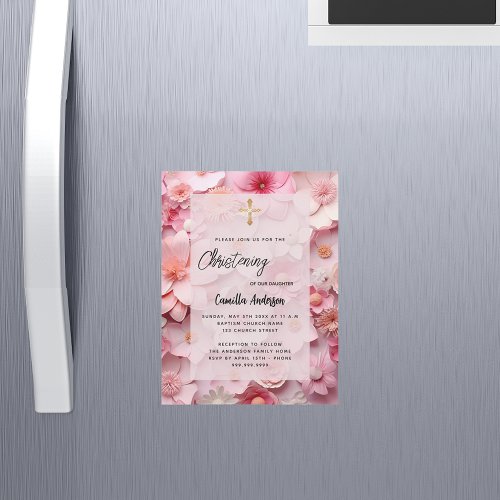 Christening blush pink flowers baby girl luxury magnetic invitation