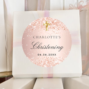 Christening blush rose gold glitter name girl classic round sticker