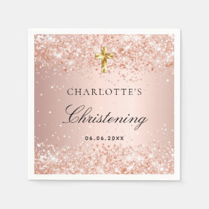 Christening blush rose gold glitter name girl napkins