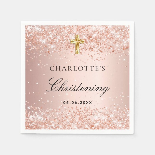 Christening blush rose gold glitter name girl napkins (Front)