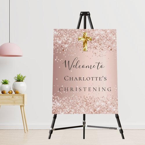 Christening blush rose gold glitter welcome foam board