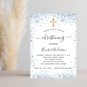 Christening boy blue white gold cross luxury invitation