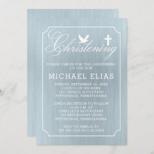 Christening Boy Dove and Cross Blue Watercolor Invitation