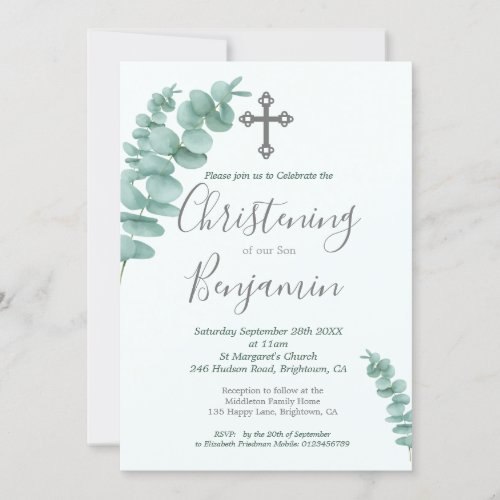 Christening Boy Eucalyptus Greenery Modern Invitation