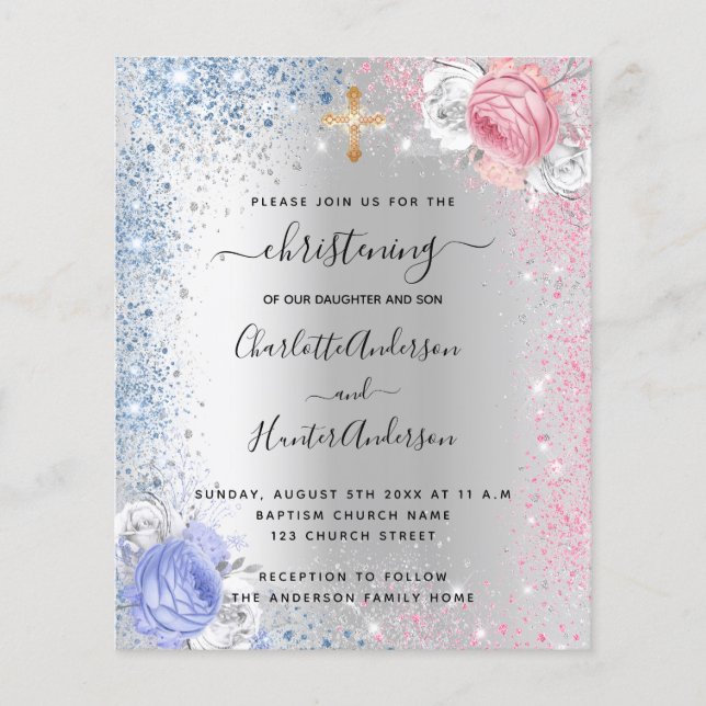 Christening boy girl blue pink silver invitation flyer (Front)