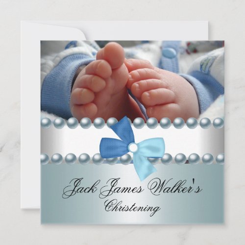 Christening Boy White Blue Pearl Bow Photo Invitation