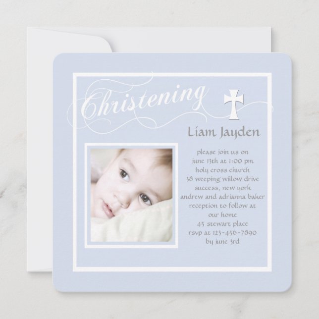 Christening Calligraphy Blue Photo Invitation (Front)