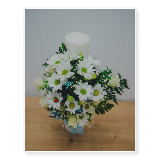 Christening candle with white flowers temporary tattoos (Front)