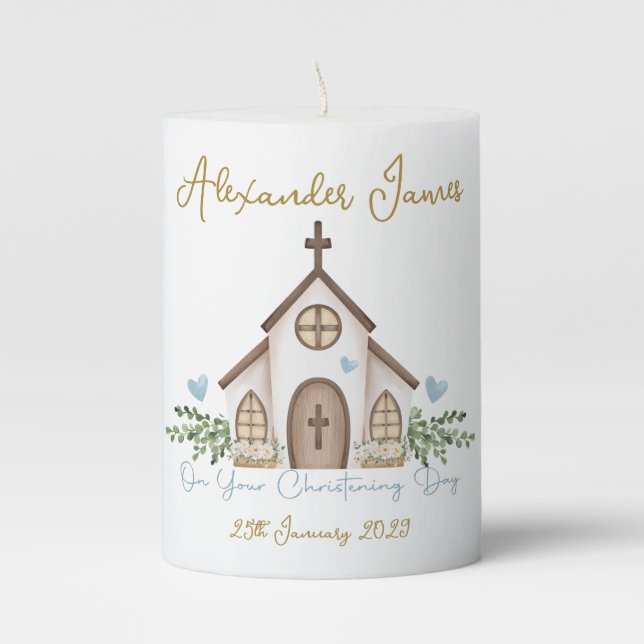 Christening Church Eucalyptus Leaves  Pillar Candle (Front)