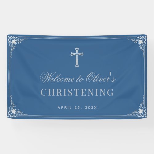 Christening Classic Blue Boy Baptism Vintage Cross Banner