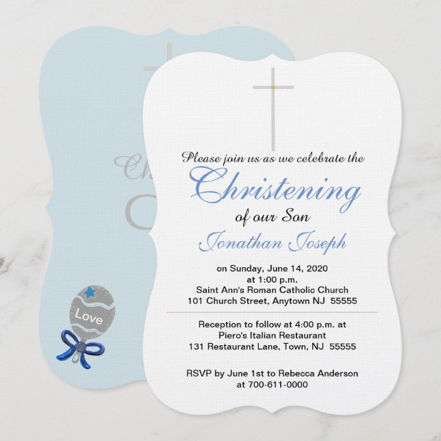 Christening Cross Blue Gray Baby Boy Rattle  Invitation (Front/Back)