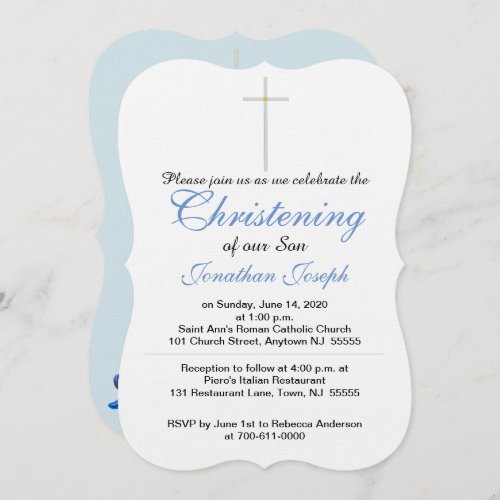 Christening Cross Blue Gray Baby Boy Rattle  Invitation