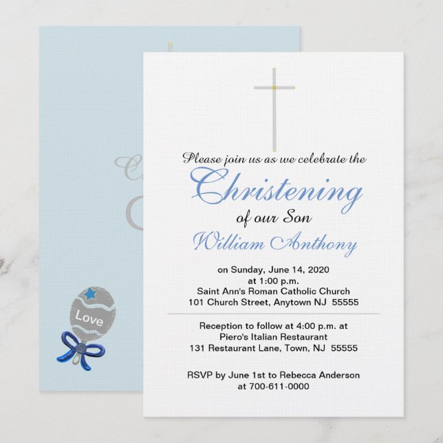 Christening Cross Blue Gray Invitation (Front/Back)