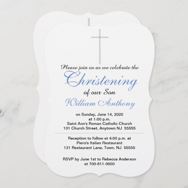 Christening Cross Blue Invitations (Front/Back)