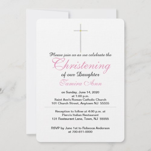 Christening Cross Pink Baby Rattle Invitations