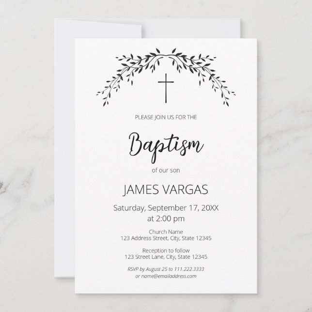 Christening. Elegant leaves floral Baptism Invitation (Front)