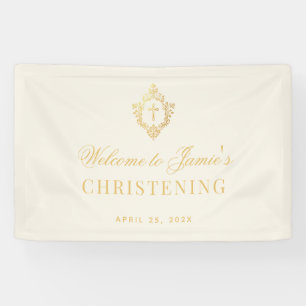 Christening Elegant Vintage Crest Faux Gold Ivory Banner