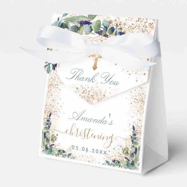 Christening eucalyptus glitter name thank you favor boxes (Front Side)