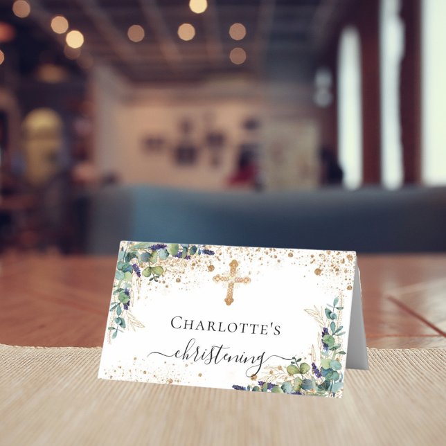 Christening eucalyptus gold glitter sparkles place card (Creator Uploaded)