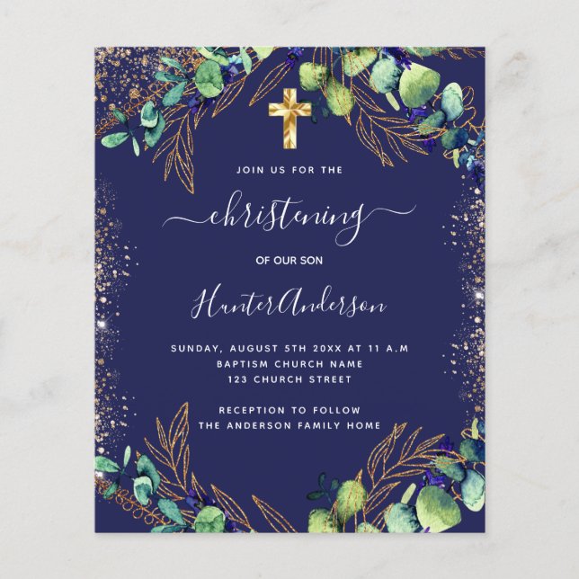 Christening eucalyptus greenery blue invitation flyer (Front)