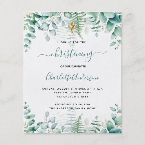 Christening eucalyptus greenery budget invitation flyer