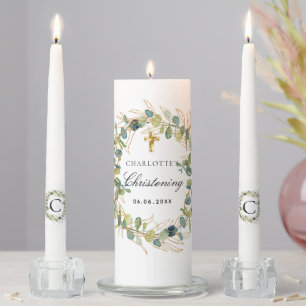 Christening eucalyptus greenery foliage name unity candle set