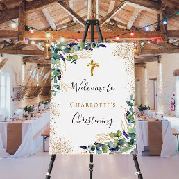 Christening eucalyptus greenery gold cross welcome foam board