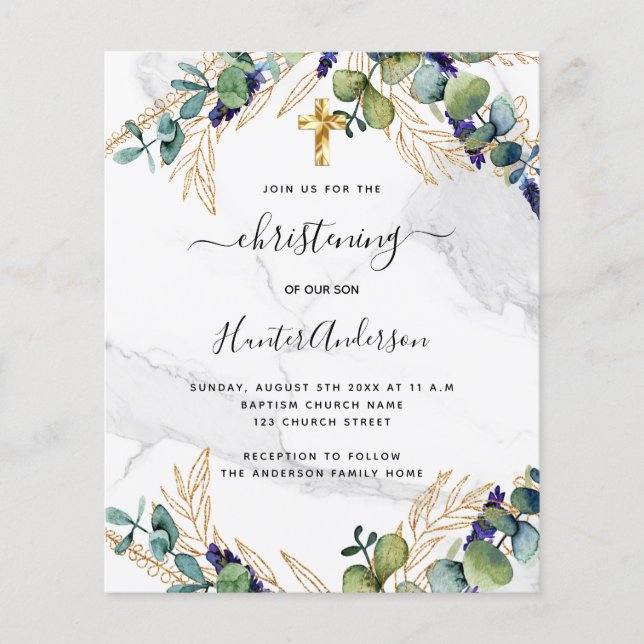 Christening eucalyptus greenery marble invitation flyer (Front)