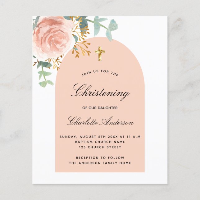 Christening eucalyptus rose floral arch budget flyer (Front)