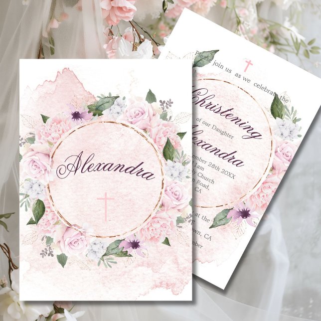 Christening Floral Pink Roses Wreath Invitation (Creator Uploaded)