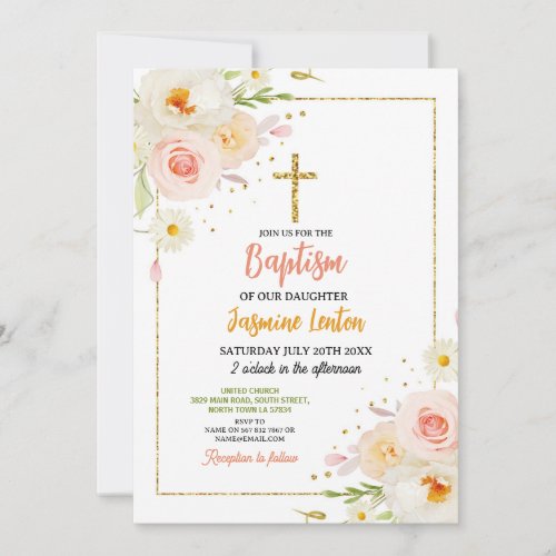 Christening Flowers Gold Peach Baptism Cross  Invitation