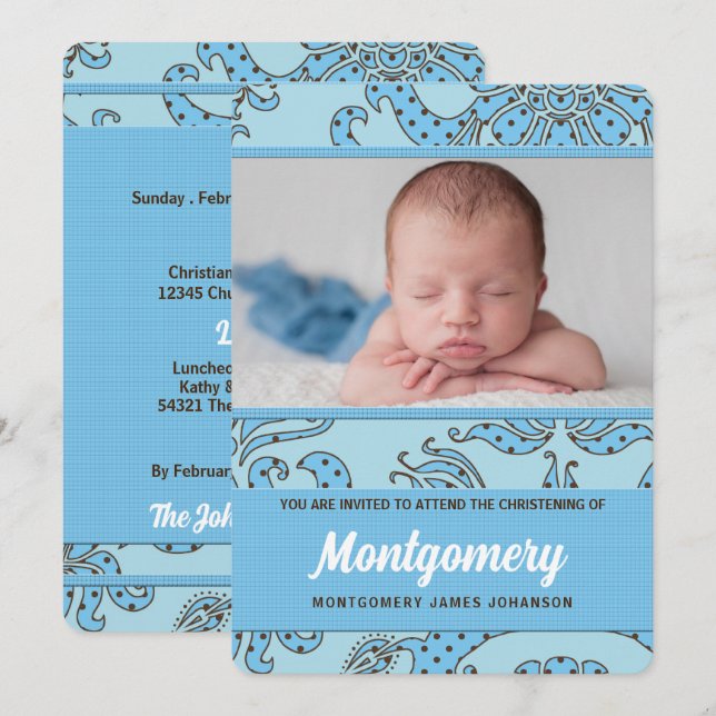 Christening for Baby Boy Blue and Brown Invitation (Front/Back)