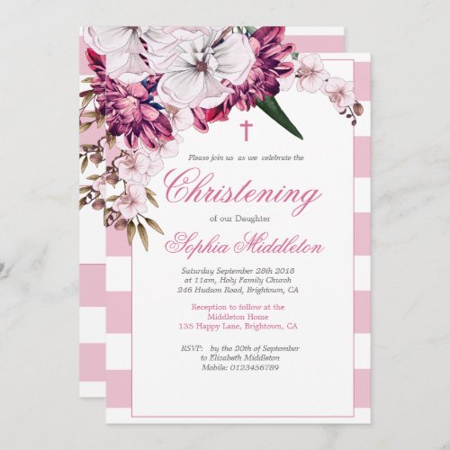 Christening Girl Pink Floral Silver Religious Invi Invitation