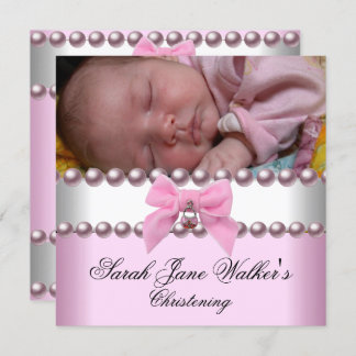 Christening Girl Pink White Pink Pearl Photo Invitation