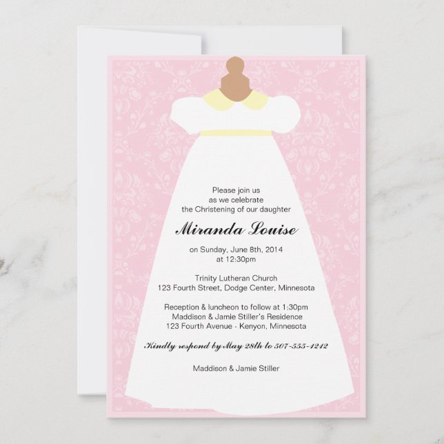 Christening Gown (Pink) Baptism Invitation (Front)