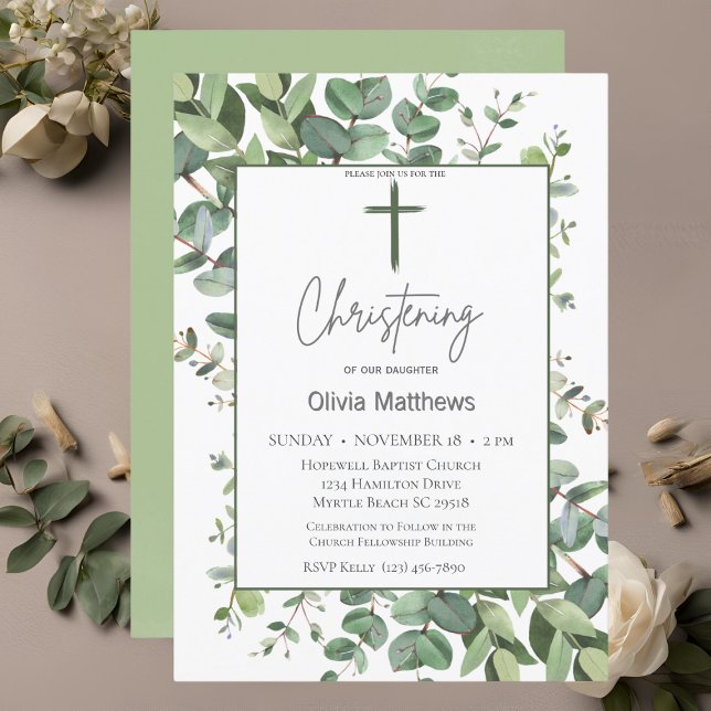  Christening Green Cross Greenery Gender Neutral Invitation (Creator Uploaded)
