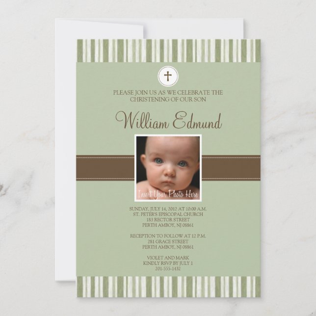 Christening Green Stripe Photo Invitation (Front)