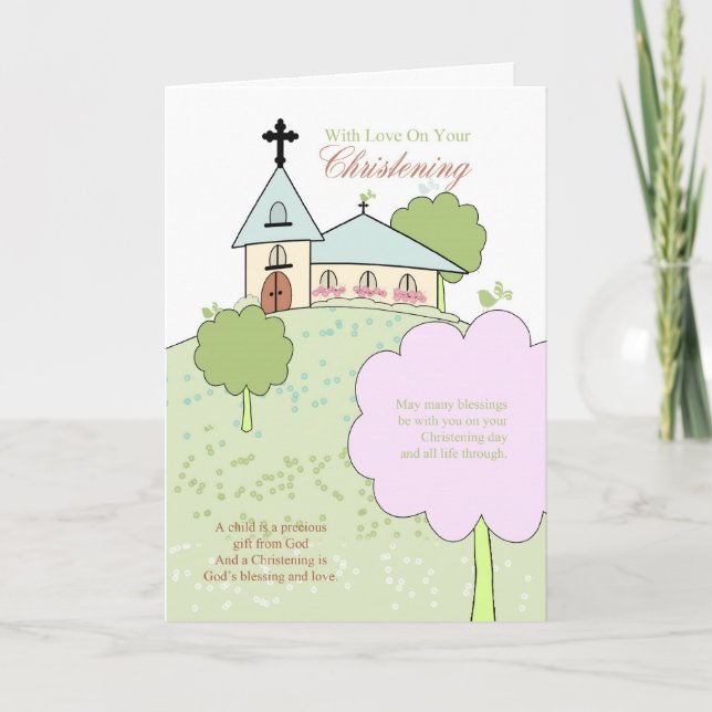 christening greeting card with little church scene (Front)