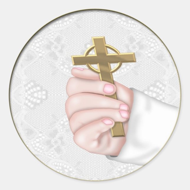 Christening Hand Cross Classic Round Sticker (Front)