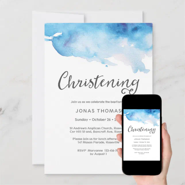 Christening Invitation | blue watercolor splashes | Zazzle