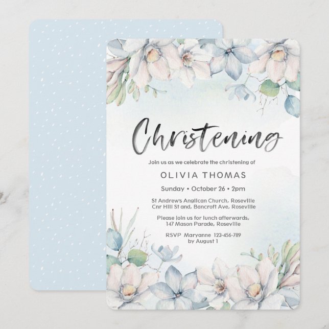 Christening Invitation | blue winter florals (Front/Back)