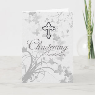 Christening Invitation With Cross And Faded Butter