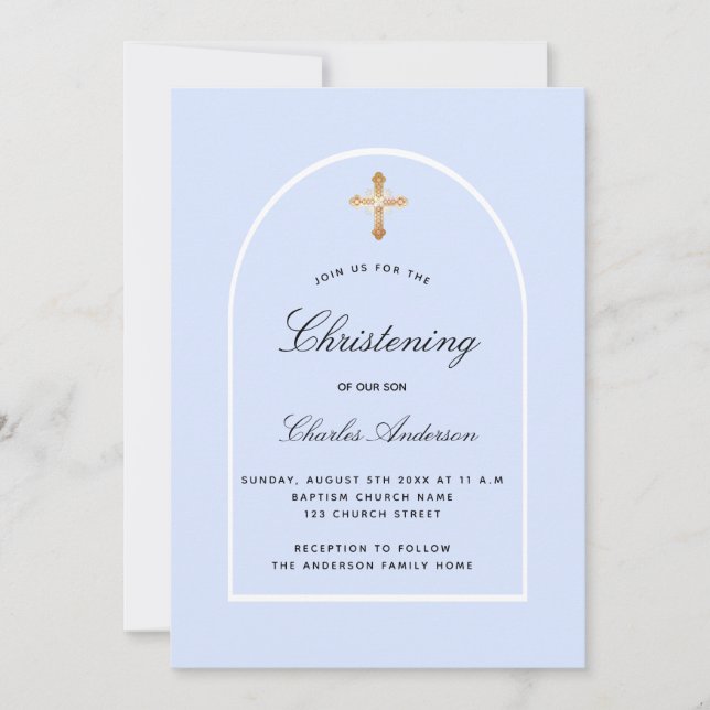 Christening light blue baby boy arch minimalist invitation (Front)