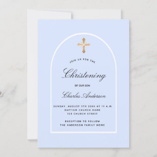 Christening light blue baby boy arch minimalist invitation