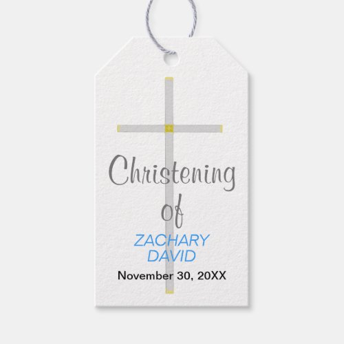 Christening of Name Silver Cross Blue   Gift Tags