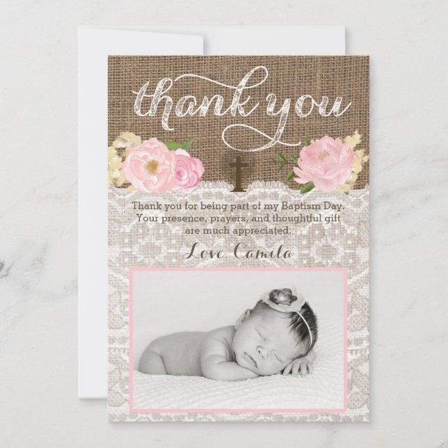 Christening or Baptism Rustic Photo Thank You Card (Front)